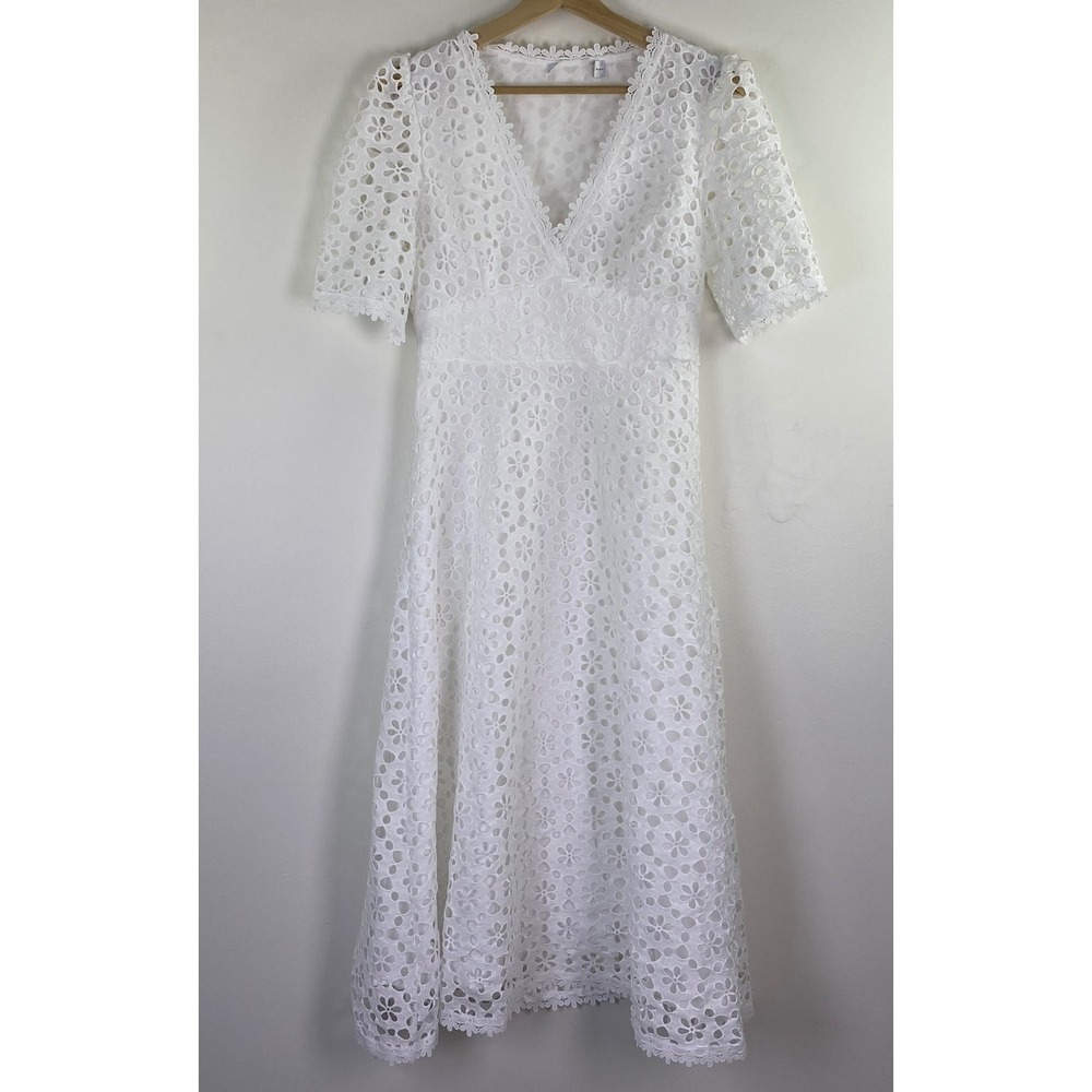Petal & Pup Cotton Eyelet Midi Dress Women S White V-Neck Floral Boho Summer